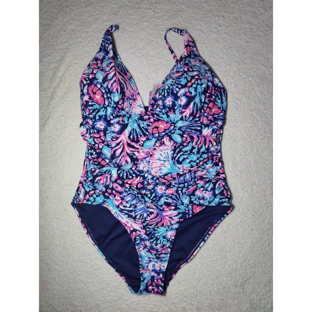 Stella Parker Pink Blue Coral Reef‎ Print Shirred One-Piece Swimsuit M NWOT